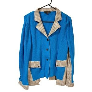 Tricot Chic Made in Italy Blue Knit Plaid Button Front Jacket Coat Sweater Sz 6